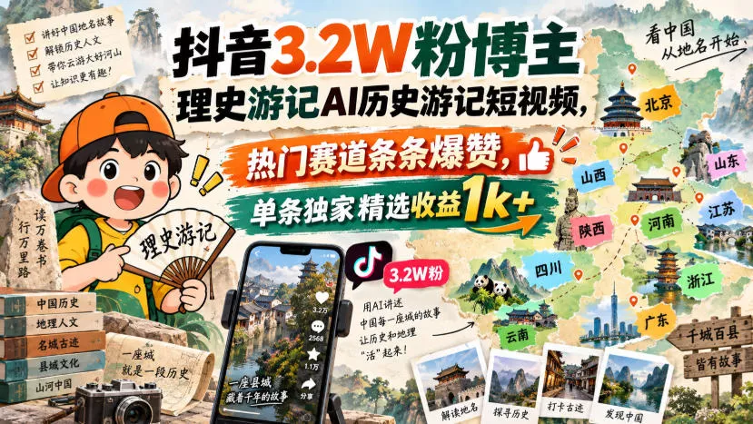 抖音3.2W粉博主理史游记AI历史游记短视频教学，热门赛道条条爆赞，单条独家精选收益1k+ 一点学习助手-零基础自学教程-副业项目-兴趣学习-网盘拉新平台-英语启蒙项目资源网
