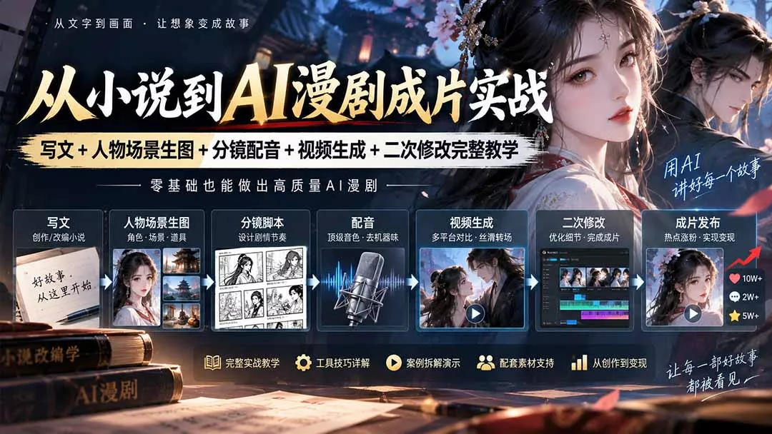 从小说到AI漫剧成片实战：写文+人物场景生图+分镜配音+视频生成+二次修改完整教学 一点学习助手-零基础自学教程-副业项目-兴趣学习-网盘拉新平台-英语启蒙项目资源网