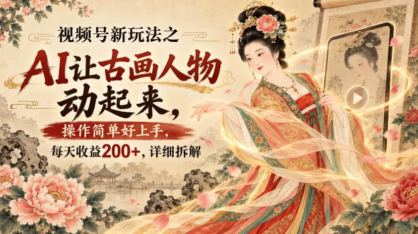 视频号新玩法之AI让古画人物动起来，操作简单好上手，每天收益200+，详细拆解 一点学习助手-零基础自学教程-副业项目-兴趣学习-网盘拉新平台-英语启蒙项目资源网