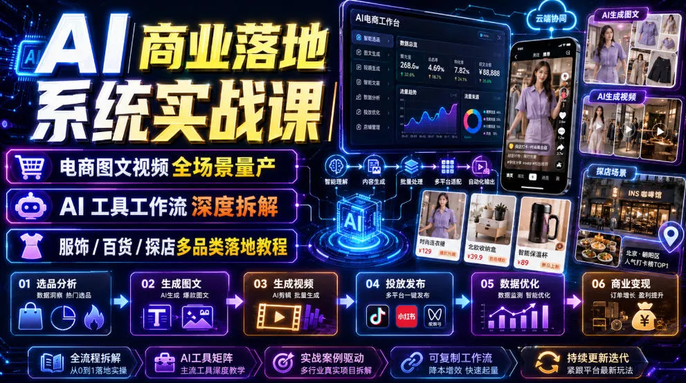 AI商业落地系统实战课｜电商图文视频全场景量产・AI工具工作流深度拆解・服饰/百货/探店多品类落地教程 一点学习助手-零基础自学教程-副业项目-兴趣学习-网盘拉新平台-英语启蒙项目资源网