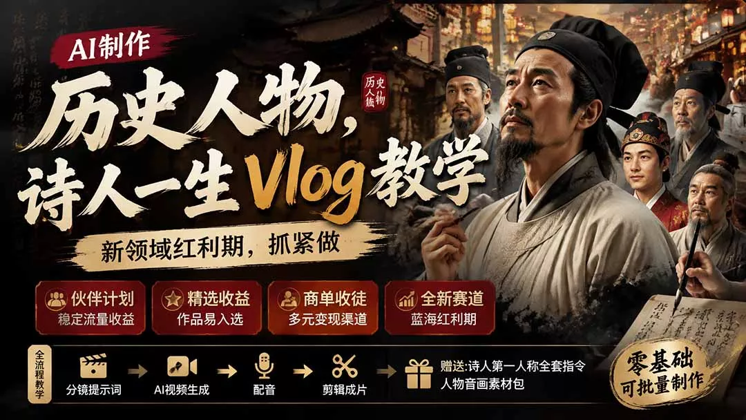 历史人物，诗人一生Vlog教学， AI制作丨伙伴计划丨精选收益丨商单收徒 ，新领域红利期，抓紧做 一点学习助手-零基础自学教程-副业项目-兴趣学习-网盘拉新平台-英语启蒙项目资源网
