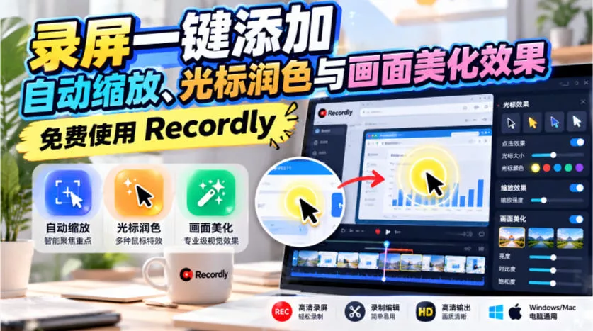 录屏一键添加自动缩放、光标润色与画面美化效果，免费使用Recordly 一点学习助手-零基础自学教程-副业项目-兴趣学习-网盘拉新平台-英语启蒙项目资源网
