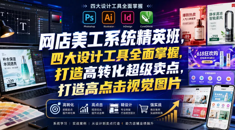 网店美工系统精英班，四大设计工具全面掌握，打造高转化超级卖点，打造高点击视觉图片(2026年7月) 一点学习助手-零基础自学教程-副业项目-兴趣学习-网盘拉新平台-英语启蒙项目资源网