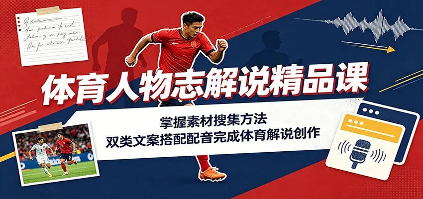 体育人物志解说精品课：掌握素材搜集方法，双类文案搭配配音完成体育解说创作 一点学习助手-零基础自学教程-副业项目-兴趣学习-网盘拉新平台-英语启蒙项目资源网