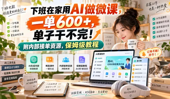 下班在家用AI做微课，一单600+，单子干不完！附内部接单资源，保姆级教程【揭秘】 一点学习助手-零基础自学教程-副业项目-兴趣学习-网盘拉新平台-英语启蒙项目资源网