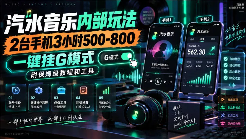 汽水音乐内部玩法，2台手机3小时500-800，一键挂G模式，附保姆级教程和工具【揭秘】 一点学习助手-零基础自学教程-副业项目-兴趣学习-网盘拉新平台-英语启蒙项目资源网