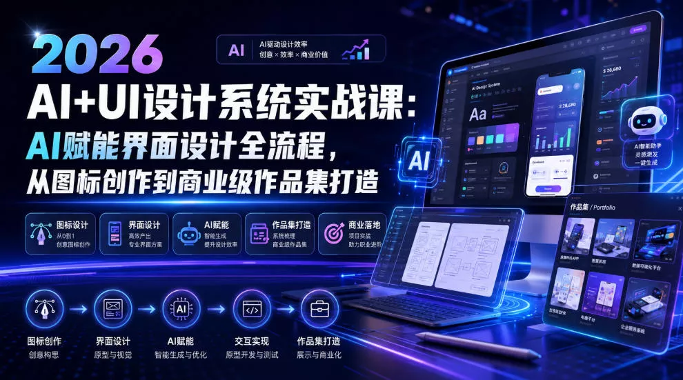 2026 AI+UI设计系统实战课：AI赋能界面设计全流程，从图标创作到商业级作品集打造 一点学习助手-零基础自学教程-副业项目-兴趣学习-网盘拉新平台-英语启蒙项目资源网