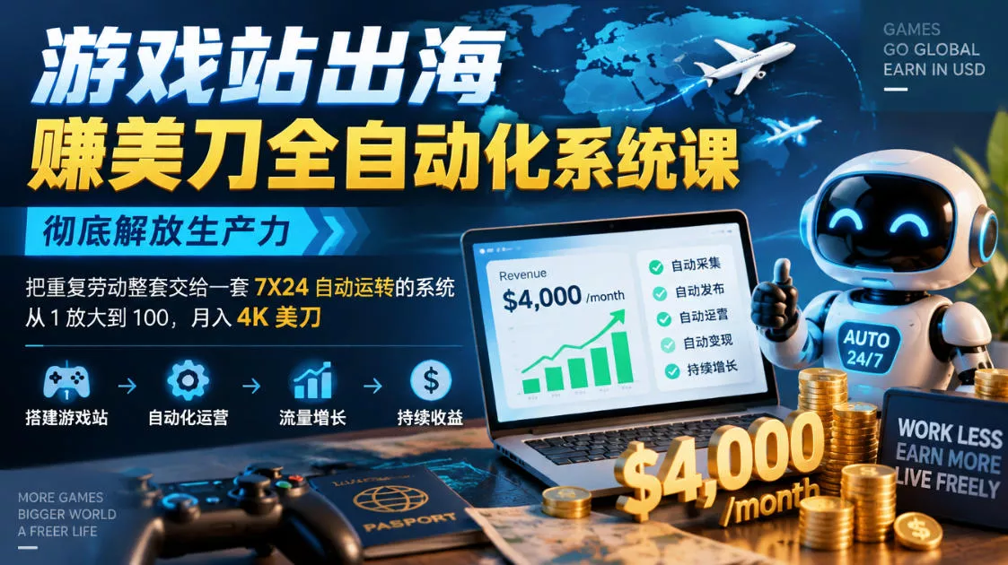 游戏站出海賺美刀全自动化系统课，彻底解放生产力–把重复劳动整套交给一套7X24自动运转的系统，从1放大到100，月入4K美刀 一点学习助手-零基础自学教程-副业项目-兴趣学习-网盘拉新平台-英语启蒙项目资源网