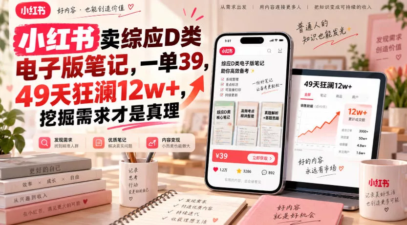 小红书卖综应D类电子版笔记，一单39，49天狂澜12w+，挖掘需求才是真理 一点学习助手-零基础自学教程-副业项目-兴趣学习-网盘拉新平台-英语启蒙项目资源网