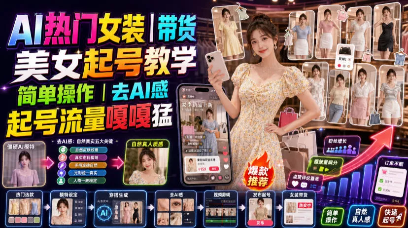 AI热门女装带货丨美女起号教学，简单操作，去AI感，起号流量嘎嘎猛 一点学习助手-零基础自学教程-副业项目-兴趣学习-网盘拉新平台-英语启蒙项目资源网