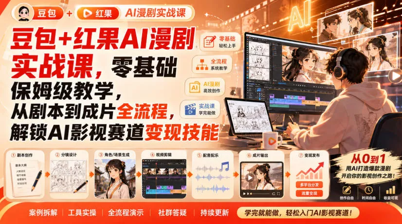 豆包+红果AI漫剧实战课，零基础保姆级教学，从剧本到成片全流程，解锁AI影视赛道变现技能 一点学习助手-零基础自学教程-副业项目-兴趣学习-网盘拉新平台-英语启蒙项目资源网