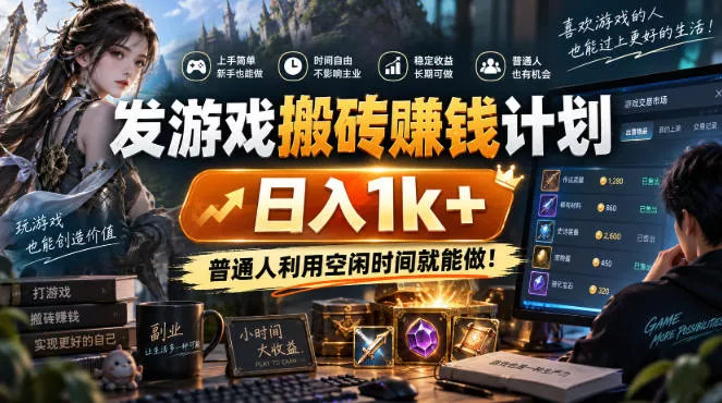 发游戏搬砖賺钱计划，日入1k+，普通人利用空闲时间就能做！【揭秘】 一点学习助手-零基础自学教程-副业项目-兴趣学习-网盘拉新平台-英语启蒙项目资源网