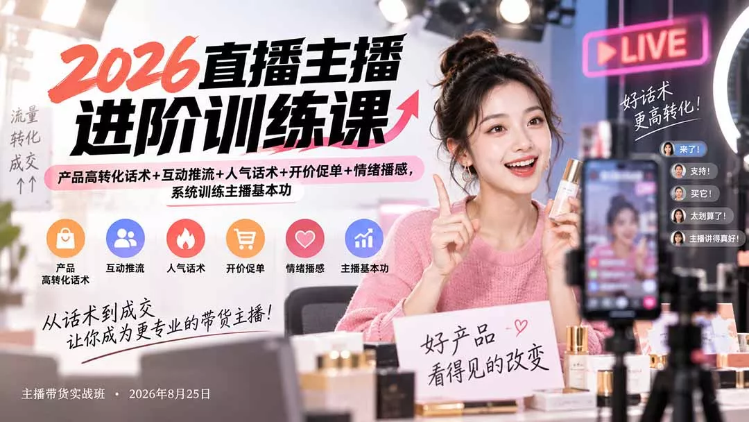 2026直播主播进阶训练课：产品高转化话术+互动推流+人气话术+开价促单+情绪播感，系统训练主播基本功 一点学习助手-零基础自学教程-副业项目-兴趣学习-网盘拉新平台-英语启蒙项目资源网