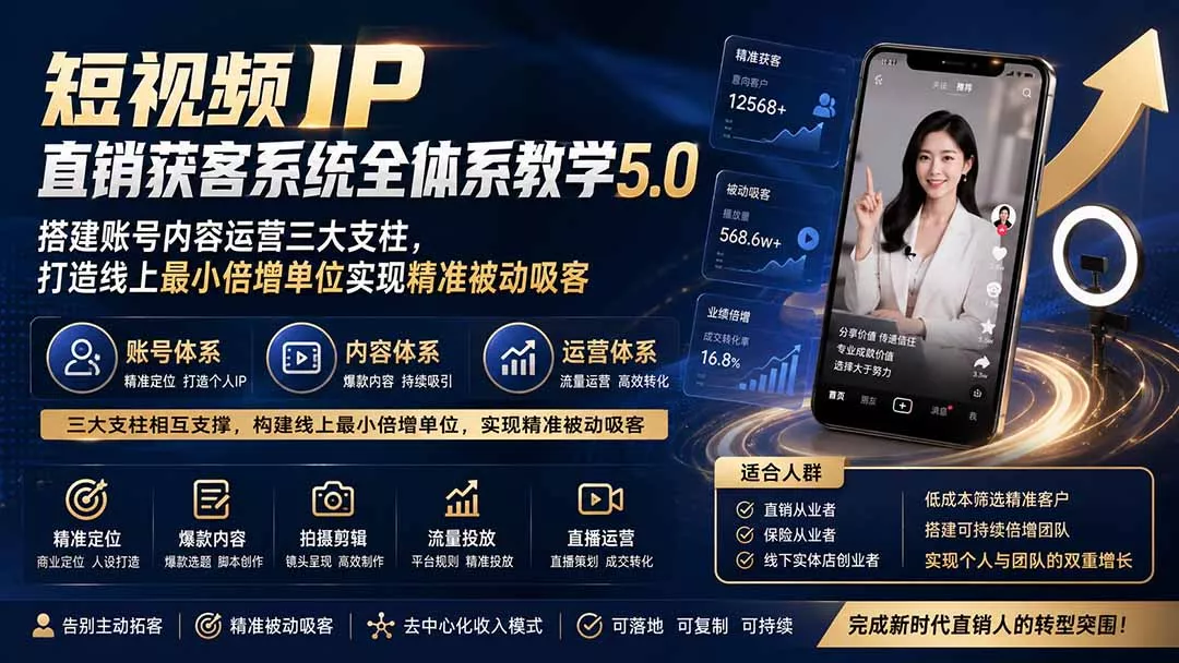 短视频IP直销获客系统全体系教学5.0；搭建账号内容运营三大支柱，打造线上最小倍增单位实现精准被动吸客 一点学习助手-零基础自学教程-副业项目-兴趣学习-网盘拉新平台-英语启蒙项目资源网