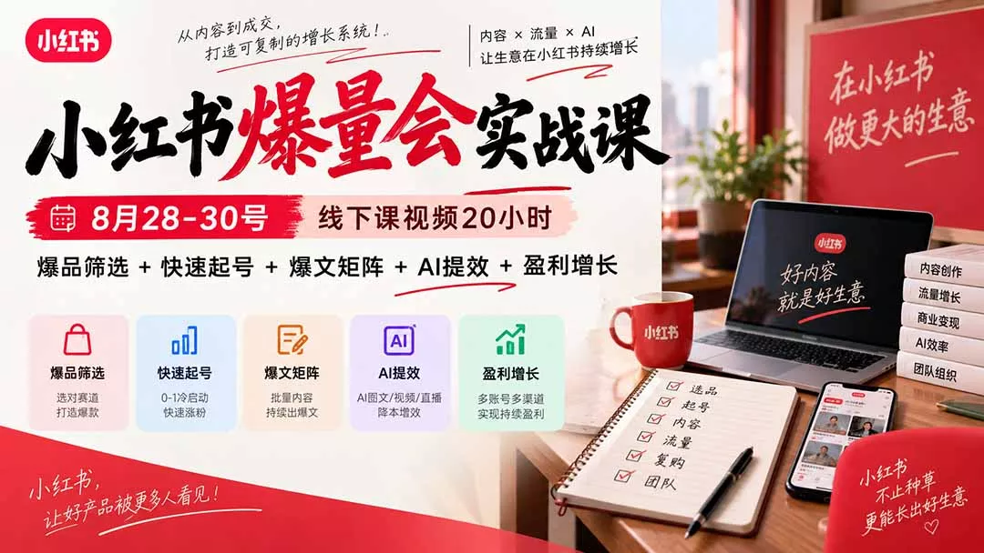 小红书爆量会实战课-更新9月17：线下课视频20小时，爆品筛选+快速起号+爆文矩阵+AI提效+盈利增长 一点学习助手-零基础自学教程-副业项目-兴趣学习-网盘拉新平台-英语启蒙项目资源网