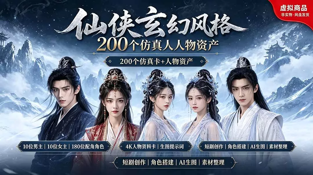 200个仙侠玄幻仿真人素材◆10男主×10女主×180配角，4K资料卡+AI生图提示词，漫剧必备 一点学习助手-零基础自学教程-副业项目-兴趣学习-网盘拉新平台-英语启蒙项目资源网