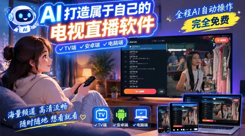 一个提示词，AI全自动做出电视直播软件，电脑、安卓、电视三端通用，完全免费，画质流畅不卡顿 一点学习助手-零基础自学教程-副业项目-兴趣学习-网盘拉新平台-英语启蒙项目资源网