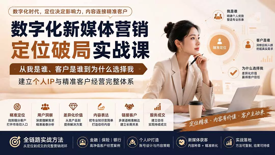 数字化新媒体营销定位破局实战课：从我是谁、客户是谁到为什么选择我，建立个人IP与精准客户经营完整体系 一点学习助手-零基础自学教程-副业项目-兴趣学习-网盘拉新平台-英语启蒙项目资源网