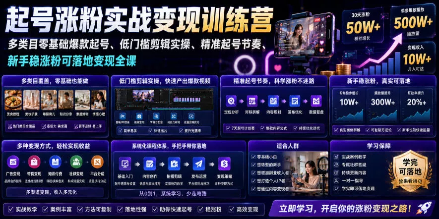 苗子起号涨粉实战变现训练营，多类目零基础爆款起号、精准起号节奏、新手稳涨粉可落地变现全课 一点学习助手-零基础自学教程-副业项目-兴趣学习-网盘拉新平台-英语启蒙项目资源网