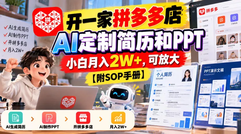 开一家拼多多店，AI定制简历和PPT，小白月入2W+，可放大【附SOP手册】【揭秘】 一点学习助手-零基础自学教程-副业项目-兴趣学习-网盘拉新平台-英语启蒙项目资源网