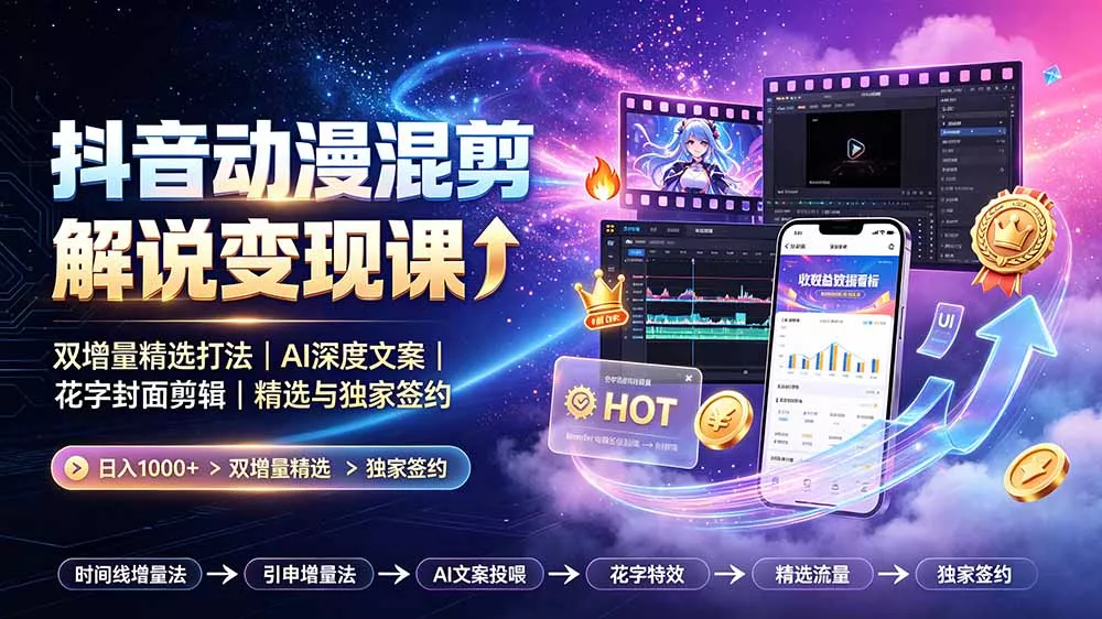 抖音动漫混剪解说变现课：双增量精选打法｜AI深度文案｜花字封面剪辑｜ 精选与独家签约日入1000+ 一点学习助手-零基础自学教程-副业项目-兴趣学习-网盘拉新平台-英语启蒙项目资源网