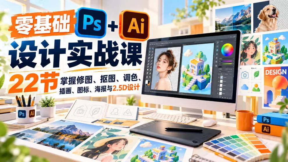 【无水印】零基础PS+AI设计实战课｜22节掌握修图、抠图、调色、插画、图标、海报与2.5D设计 一点学习助手-零基础自学教程-副业项目-兴趣学习-网盘拉新平台-英语启蒙项目资源网