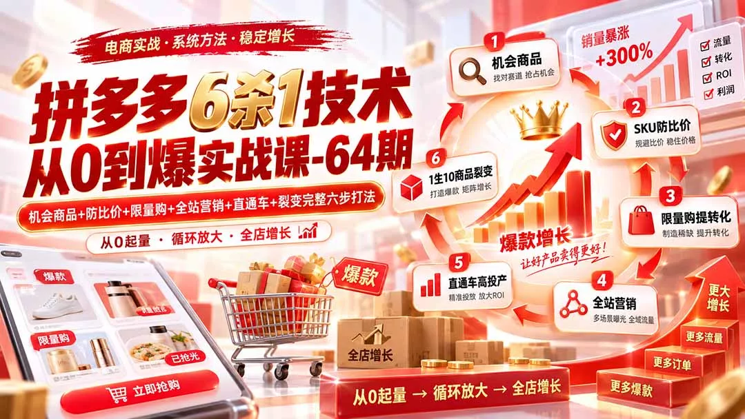 拼多多6杀1技术从0到爆实战课-64期：机会商品+防比价+限量购+全站营销+直通车+裂变完整六步打法 一点学习助手-零基础自学教程-副业项目-兴趣学习-网盘拉新平台-英语启蒙项目资源网