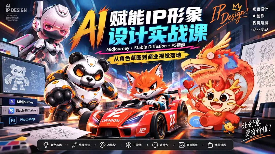 AI赋能IP形象设计实战课-无水印：Midjourney+Stable Diffusion+PS精修，从角色草图到商业视觉落地 一点学习助手-零基础自学教程-副业项目-兴趣学习-网盘拉新平台-英语启蒙项目资源网