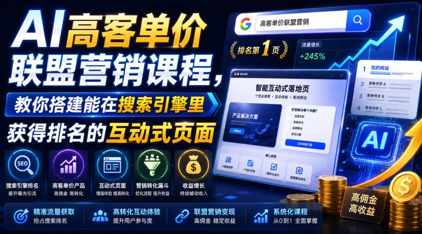 AI高客单价联盟营销课程，教你搭建能在搜索引擎里获得排名的互动式页面，引来流量，把访客转化为高佣金的成交【原创双语字幕】 一点学习助手-零基础自学教程-副业项目-兴趣学习-网盘拉新平台-英语启蒙项目资源网