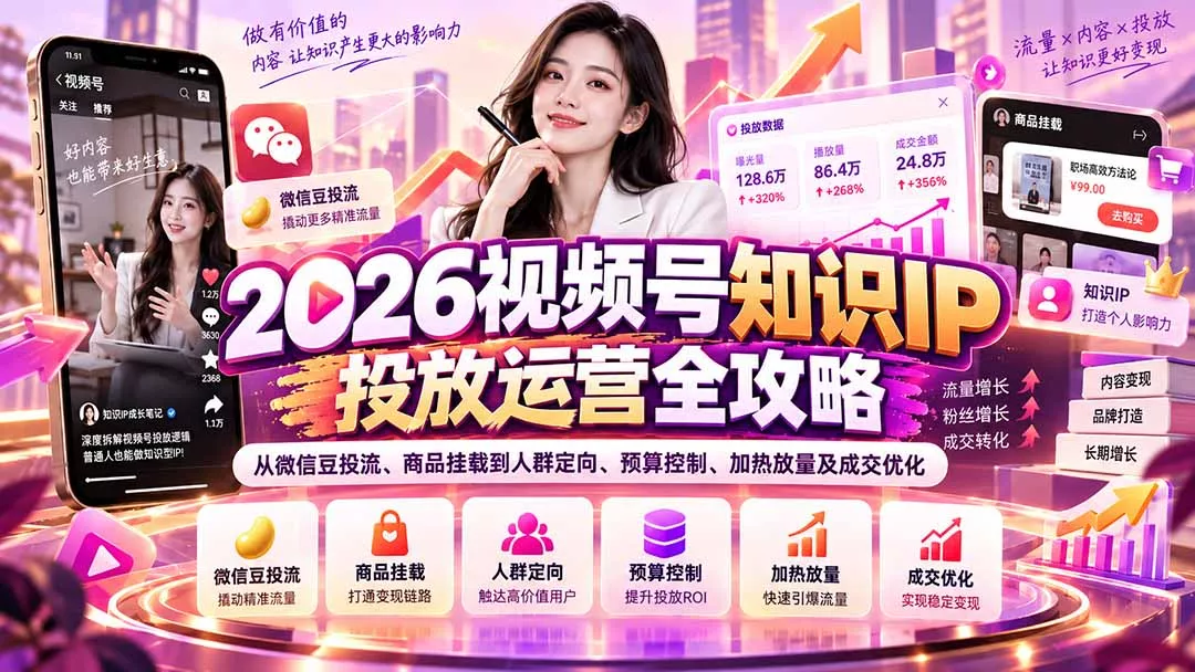 2026视频号知识IP投放运营全攻略：从微信豆投流、商品挂载到人群定向、预算控制、加热放量及成交优化 一点学习助手-零基础自学教程-副业项目-兴趣学习-网盘拉新平台-英语启蒙项目资源网