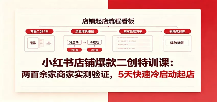 小红书店铺爆款二创特训课：两百余家商家实测验证，5天快速冷启动起店 一点学习助手-零基础自学教程-副业项目-兴趣学习-网盘拉新平台-英语启蒙项目资源网