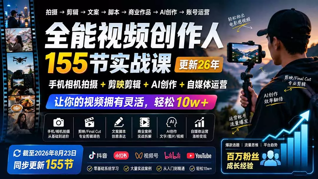 全能视频创作人155节实战课-更新26年8月：手机相机拍摄+剪映剪辑+AI创作+自媒体运营，让你的视频拥有灵活，轻松10w 一点学习助手-零基础自学教程-副业项目-兴趣学习-网盘拉新平台-英语启蒙项目资源网