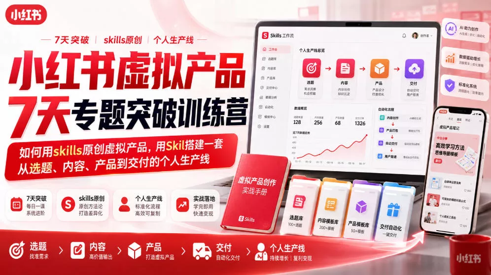 小红书虚拟产品7天专题突破训练营，如何用skills原创虚拟产品，用Skil搭建一套从选题、内容、产品到交付的个人生产线 一点学习助手-零基础自学教程-副业项目-兴趣学习-网盘拉新平台-英语启蒙项目资源网