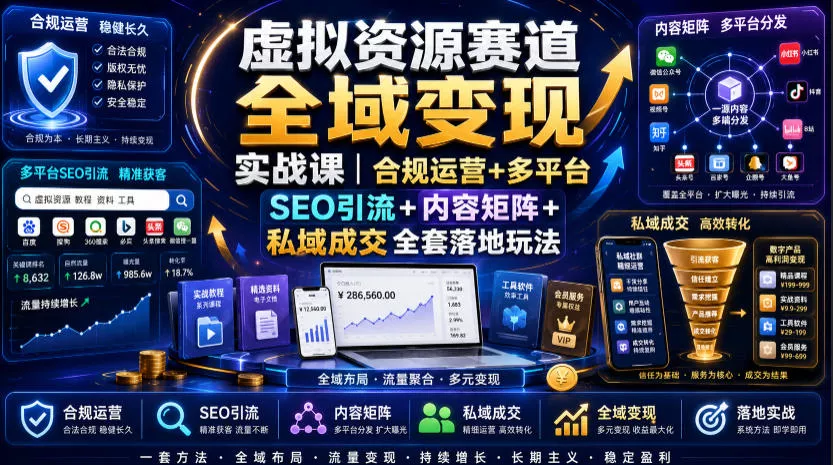 虚拟资源赛道全域变现实战课｜合规运营+多平台SEO引流+内容矩阵+私域成交全套落地玩法 一点学习助手-零基础自学教程-副业项目-兴趣学习-网盘拉新平台-英语启蒙项目资源网