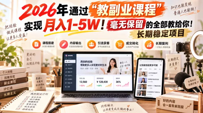 2026年通过“教副业课程”实现月入1-5W！毫无保留的全部教给你！长期稳定项目 一点学习助手-零基础自学教程-副业项目-兴趣学习-网盘拉新平台-英语启蒙项目资源网