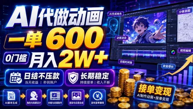 AI代做动画，一单600，0门槛月入2W+，日结不压款，长期稳定【揭秘】 一点学习助手-零基础自学教程-副业项目-兴趣学习-网盘拉新平台-英语启蒙项目资源网