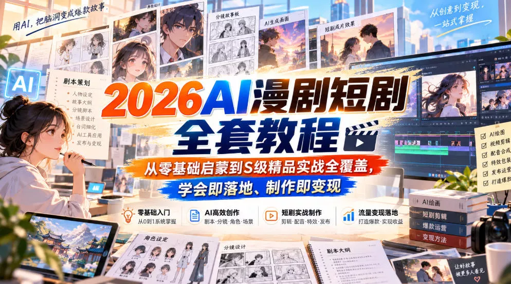 2026AI漫剧短剧全套教程，从零基础启蒙到S级精品实战全覆盖，学会即落地、制作即变现 一点学习助手-零基础自学教程-副业项目-兴趣学习-网盘拉新平台-英语启蒙项目资源网