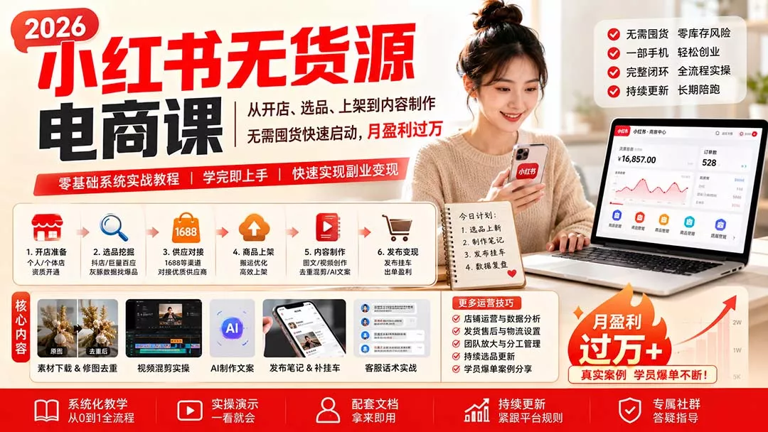 小红书无货源电商课(9月16更新 一点学习助手-零基础自学教程-副业项目-兴趣学习-网盘拉新平台-英语启蒙项目资源网