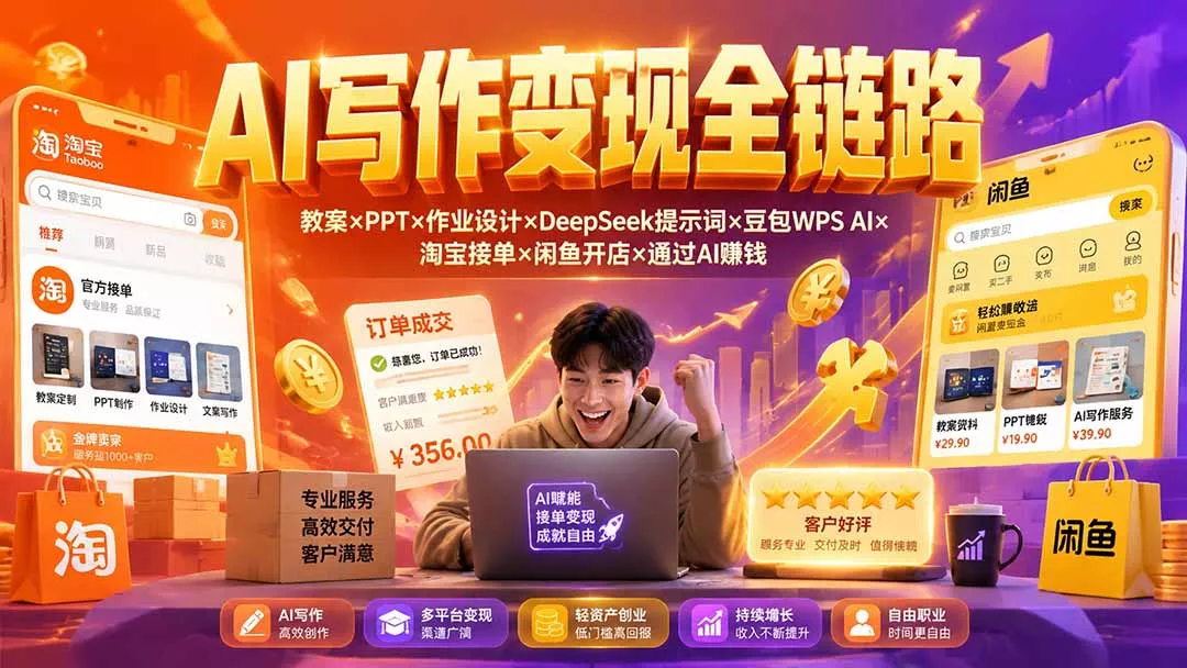 2026AI写作变现全链路：教案×PPT×作业设计×DeepSeek提示词×豆包WPS AI×淘宝接单×闲鱼开店×通过AI賺钱 一点学习助手-零基础自学教程-副业项目-兴趣学习-网盘拉新平台-英语启蒙项目资源网