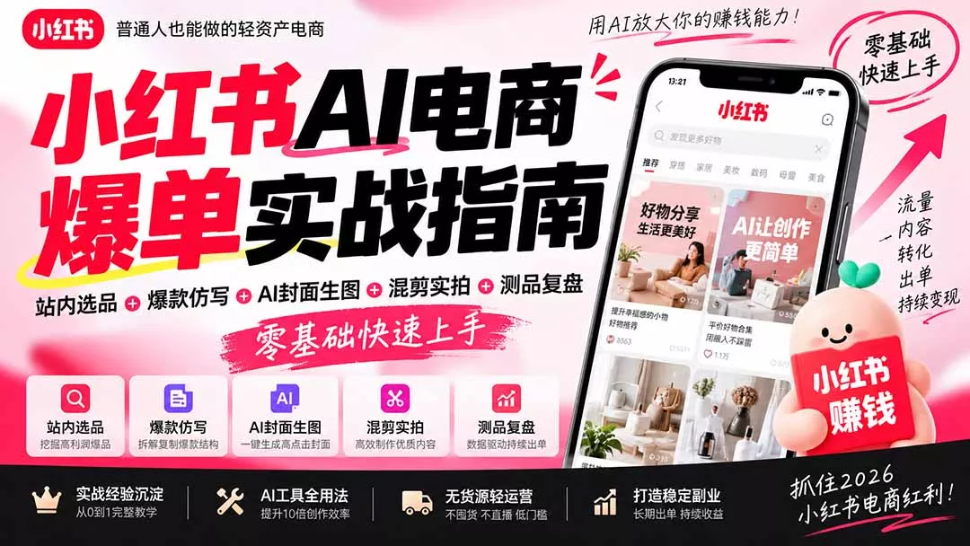 2026小红书AI电商爆单实战指南：站内选品+爆款仿写+AI封面生图+混剪实拍+测品复盘，零基础快速上手 一点学习助手-零基础自学教程-副业项目-兴趣学习-网盘拉新平台-英语启蒙项目资源网
