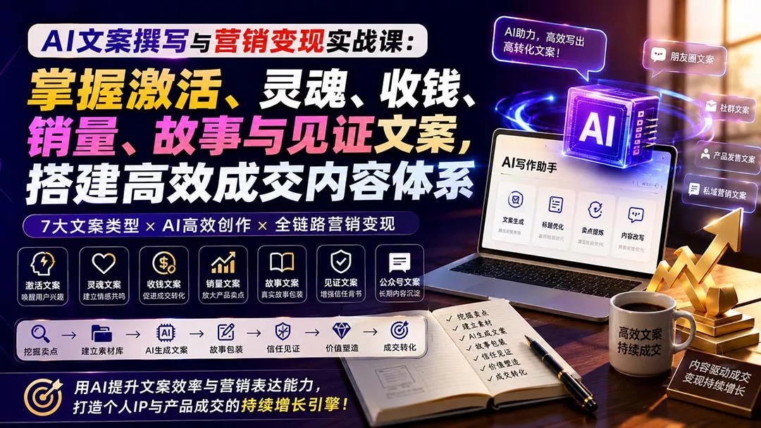 AI文案撰写与营销变现实战课：掌握激活、灵魂、收钱、销量、故事与见证文案，搭建高效成交内容体系 一点学习助手-零基础自学教程-副业项目-兴趣学习-网盘拉新平台-英语启蒙项目资源网
