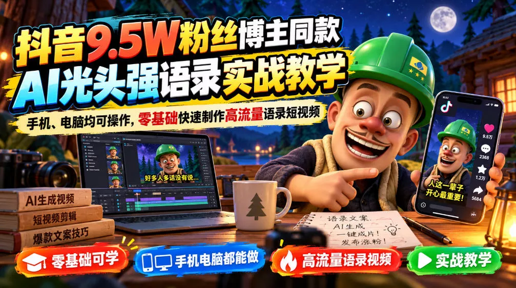 抖音9.5W粉丝博主同款AI光头强语录实战教学，手机、电脑均可操作，零基础快速制作高流量语录短视频 一点学习助手-零基础自学教程-副业项目-兴趣学习-网盘拉新平台-英语启蒙项目资源网
