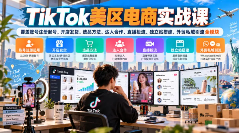 TikTok美区电商实战课，覆盖账号注册起号、开店发货、选品方法、达人合作、直播投流、独立站搭建、外贸私域引流全模块 一点学习助手-零基础自学教程-副业项目-兴趣学习-网盘拉新平台-英语启蒙项目资源网