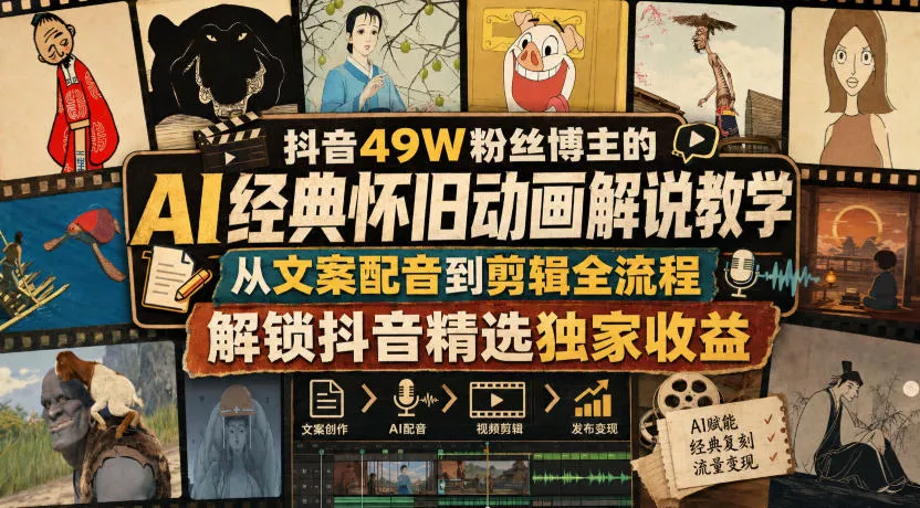抖音49W粉丝博主的AI经典怀旧动画解说教学，从文案配音到剪辑全流程，解锁抖音精选独家收益 一点学习助手-零基础自学教程-副业项目-兴趣学习-网盘拉新平台-英语启蒙项目资源网