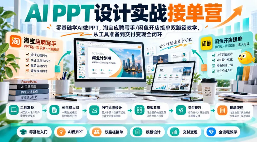 AI PPT设计实战接单营｜零基础学AI做PPT，淘宝应聘写手/闲鱼开店接单双路径教学，从工具准备到交付变现全闭环 一点学习助手-零基础自学教程-副业项目-兴趣学习-网盘拉新平台-英语启蒙项目资源网