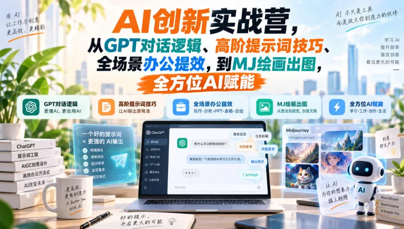 AI创新实战营，从GPT对话逻辑、高阶提示词技巧、全场景办公提效，到MJ绘画出图，全方位AI赋能 一点学习助手-零基础自学教程-副业项目-兴趣学习-网盘拉新平台-英语启蒙项目资源网