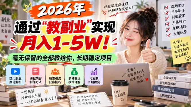 2026年通过“教副业”实现月入1-5W！毫无保留的全部教给你，长期稳定项目【揭秘】 一点学习助手-零基础自学教程-副业项目-兴趣学习-网盘拉新平台-英语启蒙项目资源网