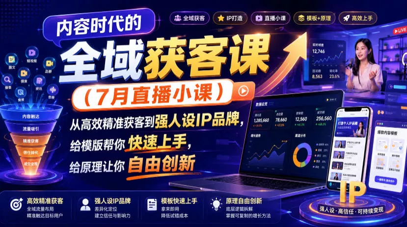 内容时代的全域获客课(7月直播小课)，从高效精准获客到强人设IP品牌，给模版帮你快速上手，给原理让你自由创新 一点学习助手-零基础自学教程-副业项目-兴趣学习-网盘拉新平台-英语启蒙项目资源网