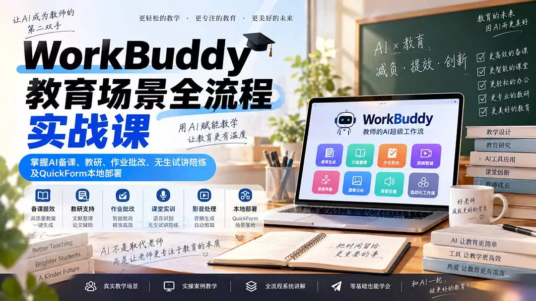 WorkBuddy教育场景全流程实战课：掌握AI备课、教研、作业批改、无生试讲陪练及QuickForm本地部署 一点学习助手-零基础自学教程-副业项目-兴趣学习-网盘拉新平台-英语启蒙项目资源网