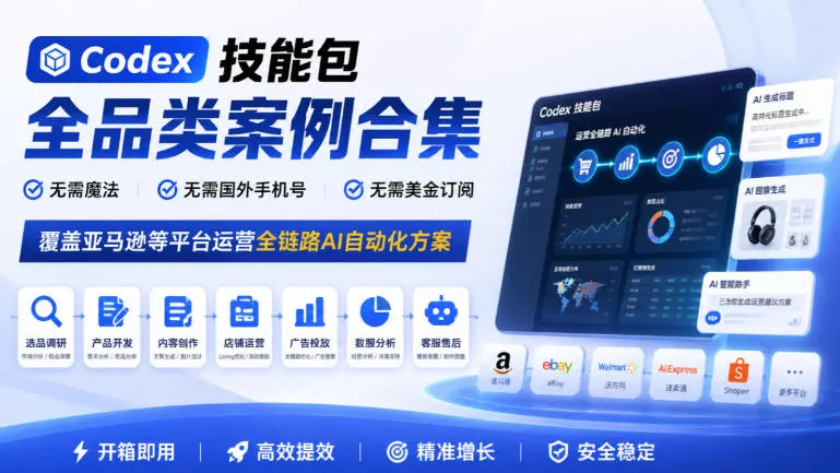 Codex技能包全品类案例合集，无需魔法、无需国外手机号、无需美金订阅，覆盖亚马逊等平台运营全链路AI自动化方案 一点学习助手-零基础自学教程-副业项目-兴趣学习-网盘拉新平台-英语启蒙项目资源网